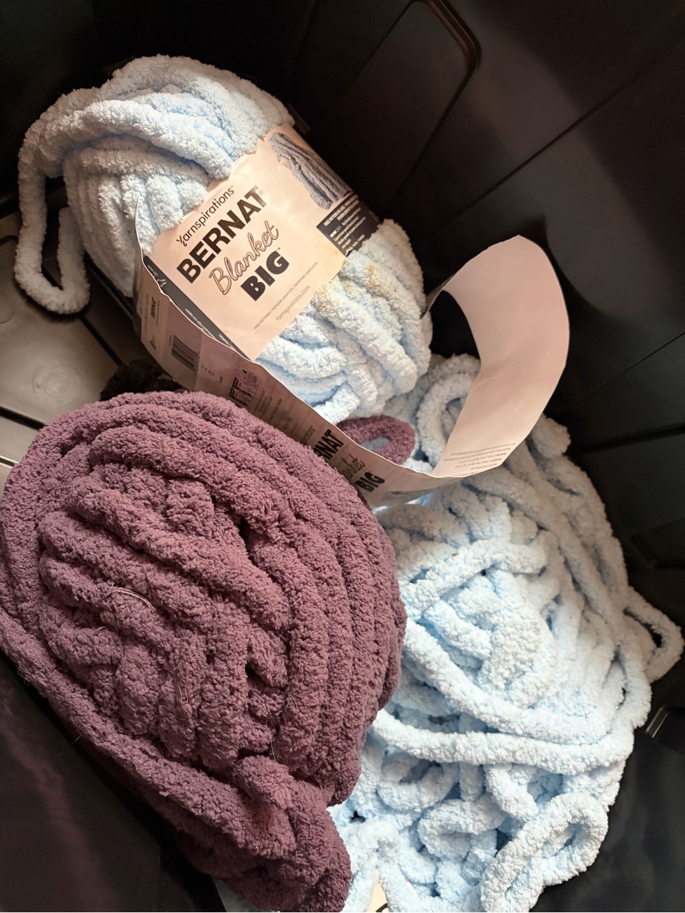 Bernat Blanket Big Plush Yarn - Light Blue and Plum
